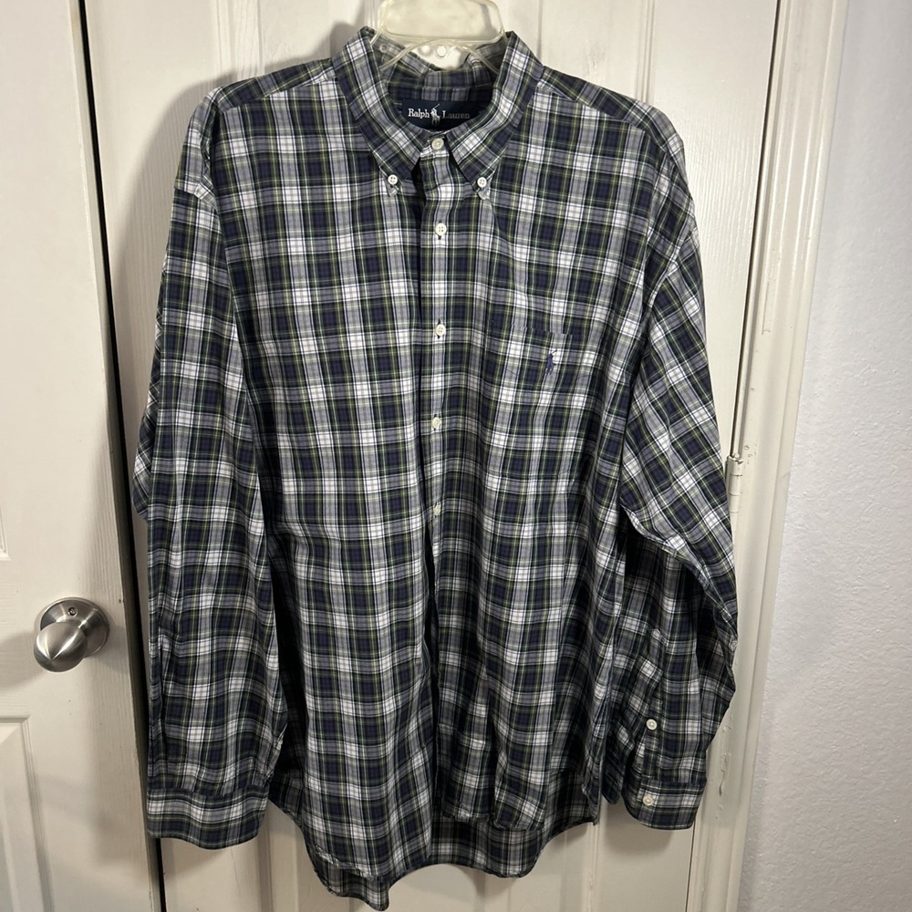 Ralph Lauren Shirt Men XL Green Blue Plaid Button Up Dress Bartlett
